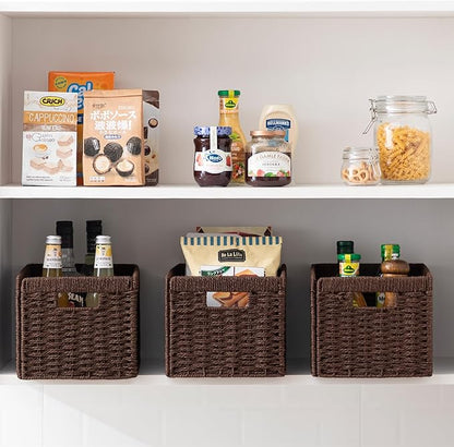 joybest Wicker Storage Baskets, 2pack Hand-Woven Paper Rope Wicker Baskets for Organizing, Foldable Rectangular Storage Organizer Bins for Shelves with Built-in Handles 13.4L x 8.3W x 7.1H, Dark Brown