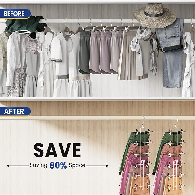 DAMITA Skirt Pants Hangers with Clips Space Saving Hanging Closet Organizer 6 Tiers Hanger with 360° Swivel Hook, Finger-Safe Design- College Dorm Room Apartment Essentials 2-Pack