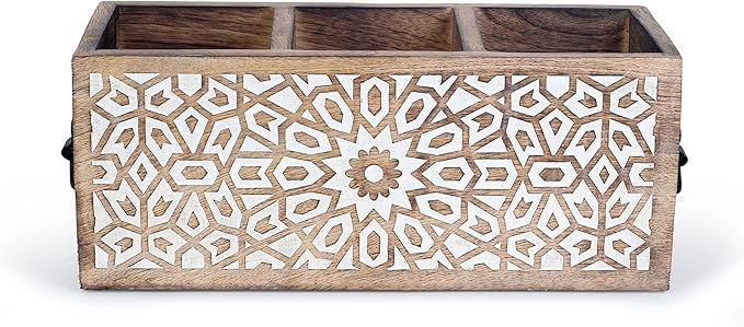 Wooden Utensil Caddy for Kitchen Countertop 3-Slot , Multi-Purpose Wooden Desk Organizer Work Desk, Bathroom, Cutlery Caddy, Office Supplies Organizer – 11 X 4.5 Inches