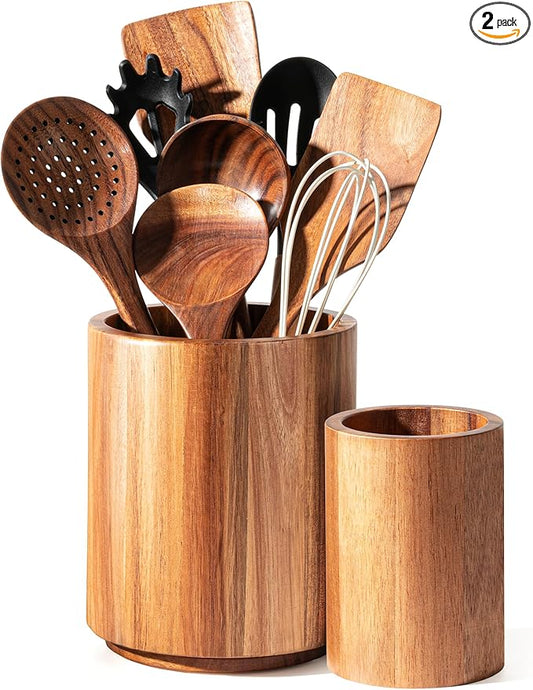 Criusia Utensil Holder 2 Pack, 360° Rotating Acacia Wood Cooking Utensil Crocks for Kitchen Counter, Farmhouse & Modern Decor, (1 Large,1 Small)