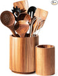 Criusia Utensil Holder 2 Pack, 360° Rotating Acacia Wood Cooking Utensil Crocks for Kitchen Counter, Farmhouse & Modern Decor, (1 Large,1 Small)