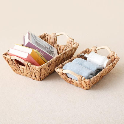 Handcrafted Water Hyacinth Basket with Wooden Handles, Wicker Shelf Basket for Storage and Organizing, Rectangular, 1 Pack, Large Size