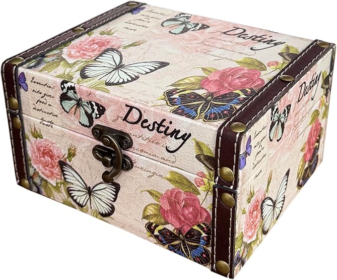 Butterfly Jewelry Box Pink Storage Decorative Box for Jewelry Trinkets Photos Wood Treasure Chest Box for Women Girls Gifts Decorative Keepsake Box Home Decorations