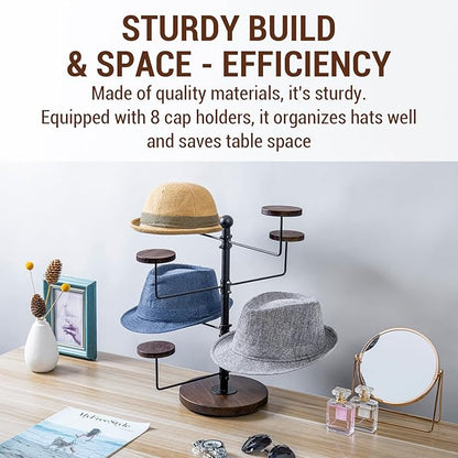 MyGift Industrial Matte Black Metal Tabletop Hat Stand with Round Rustic Burnt Solid Wood Hangers, Home or Commercial Table Display Rack with 8 Cap Holders