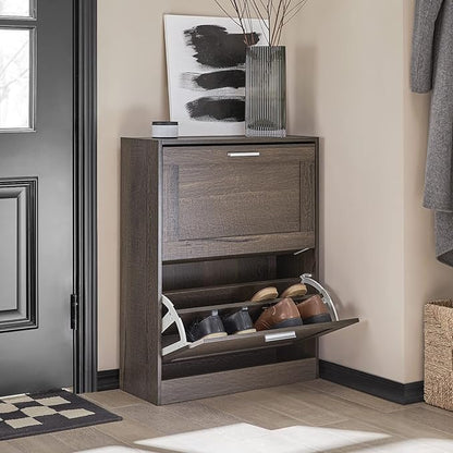Haotian Shoe Cabinet Storage for Entryway, Narrow Shoe Cabinet with Two Flip Drawers to Save Space, Shoe Rack Cabinet for Front Door Entrance Hallway (Brown)