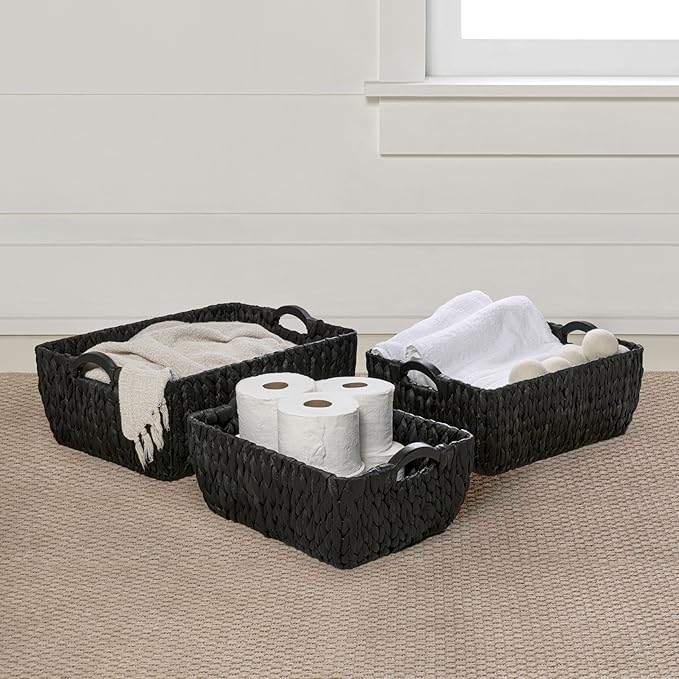 happimess BSK2020C-3SET Astor Bohemian Farmhouse Handwoven Water Hyacinth Nesting Storage Baskets with Wood Handles, Seagrass Containers for Decoration in Living Room, Bedroom, Black (Set of 3)