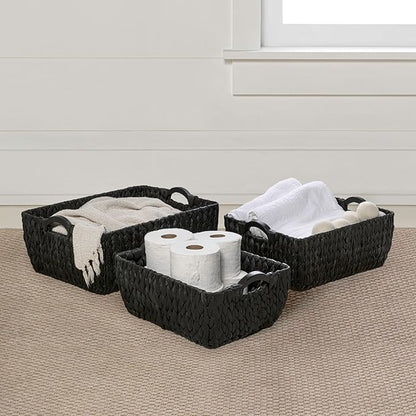 happimess BSK2020C-3SET Astor Bohemian Farmhouse Handwoven Water Hyacinth Nesting Storage Baskets with Wood Handles, Seagrass Containers for Decoration in Living Room, Bedroom, Black (Set of 3)