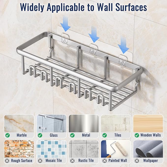 8 Pack Adhesive Rustproof Shower Caddy with Soap Dishes, Toothbrush Holder & Hooks, Large Capacity No-Drilling Shower Shelves Rack for Bathroom Organizers and Storage Accessories, Silver