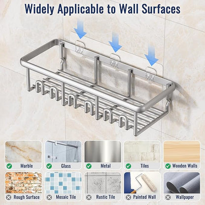 8 Pack Adhesive Rustproof Shower Caddy with Soap Dishes, Toothbrush Holder & Hooks, Large Capacity No-Drilling Shower Shelves Rack for Bathroom Organizers and Storage Accessories, Silver