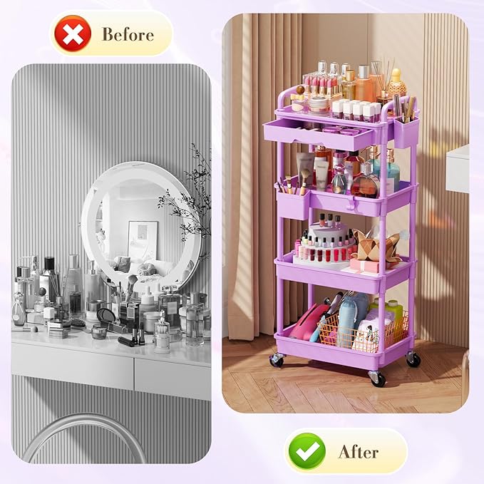 SUNALLY Makeup Cart Organizer with Drawers, 4 Tier Floor Skincare Organizers for Vanity, Rolling Makeup Bathroom Storage Cart Cosmetics Display Cases for Skin Care Perfume Nail Polish, Purple