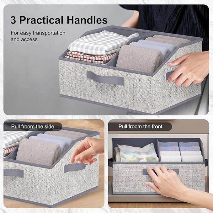Closet Storage Bins 6 Pack, Large Closet Organizer Baskets with Divider & Handles,Trapezoid Fabric Shelf Organizers, Collapsible Storage Cubes for Clothes, Towels, Toys-Gray