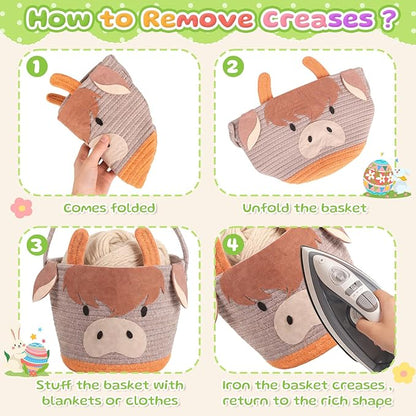 Small Woven Storage Basket with Handle, Cute Cartoon Cow Baskets for Gift Empty, Cotton Rope Storage Basket for Toy Organizer