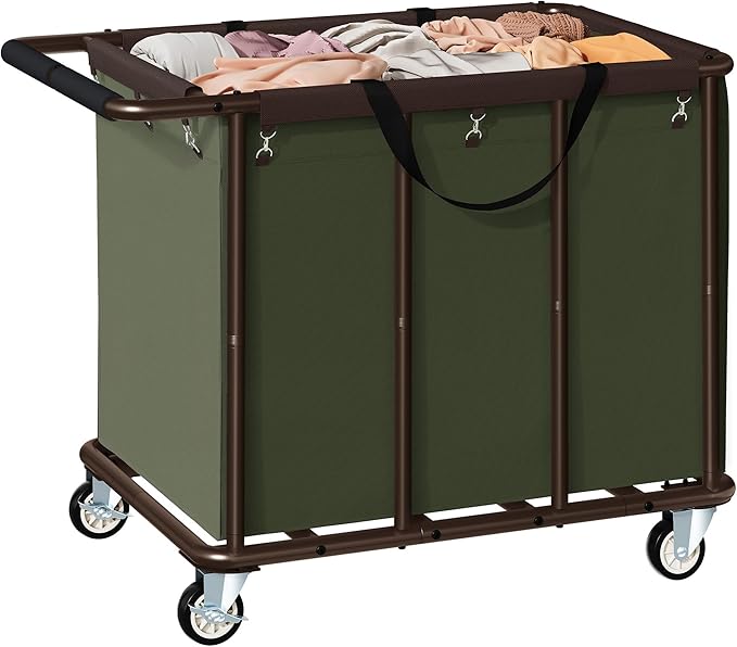 FAVOOSTY 470L Heavy Duty Commercial Laundry Cart with Wheels,Industrial Rolling Laundry Hamper, Extra Large Laundry Basket, Metal Frame for Hotel/Hospital/Home, 440lbs (Green)