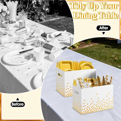 2PCS White and Gold Utensil Holder Paper Utensil Caddy for Engagement Party Supplies Cutlery Holder with Handles Wedding Party Favors Snack Box Disposable Cutlery Caddy for Birthday Decorations