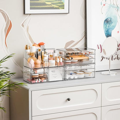 Yieach Acrylic Make up Organizers for Counter,Desk and Vanity,4 Pack Stackable Bathroom Counter Organizer with Drawers,Large Clear Makeup Organizers and Storage for Skincare,Cosmetic,Beauty Products