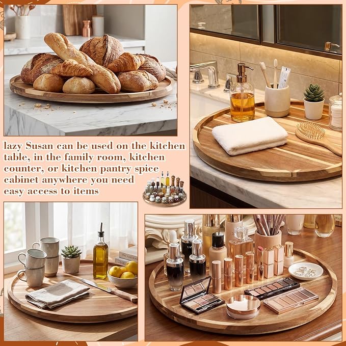 24'' Wood Lazy Susan for Countertop Acacia Large Turntable Rotating Serving Tray for Table Top Non Skid Kitchen Tray Revolving Condiment Spice Rack Table Organization Storage, Natural