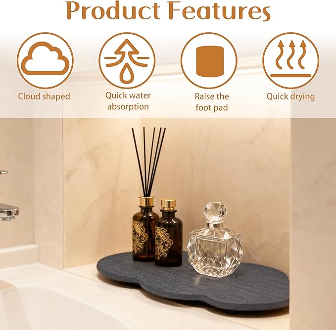 Water Absorbing Stone Tray Cute Cloud Shape, Instant Drying Sink Diatomite Coasters for Bathroom & Kitchen Counter Organizers, Dish Soap Dispenser Sponge Holder, 8 * 4inch, 1 Pcs (Dark Gray)