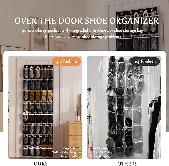 homyfort Over the Door Shoe Organizer, 40 Large Breathable Mesh Pocket,Space Saving Hanging Shoe Rack,Shoe Storage Holder for Entryway Bedroom Closet