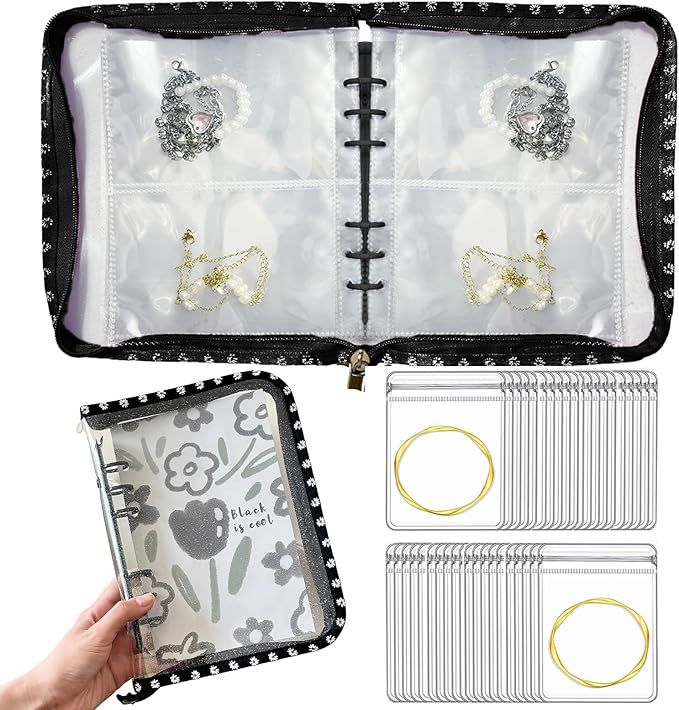 Jewelry Organizer Travel,Jewelry Storage Book with 40 Large PVC pouches,Portable Jewelry Organizer Zipper Bags for Necklaces Bracelet Rings and Earrings (front cover removable),Black