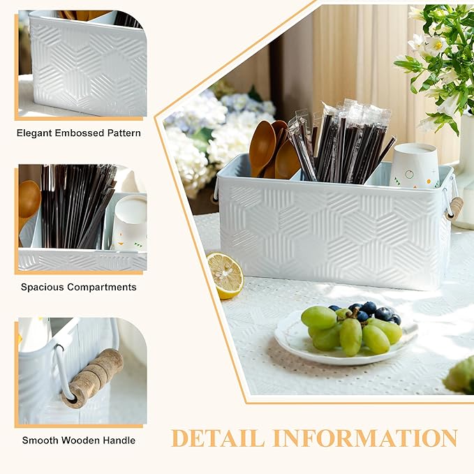 Silverware Caddy for Party Kitchen Flatware Holder for Countertop Metal White Hexagon Stripe Pattern Embossed Cutlery Organizer with 3 Compartments for Utensils, Spoons, Knives, Forks