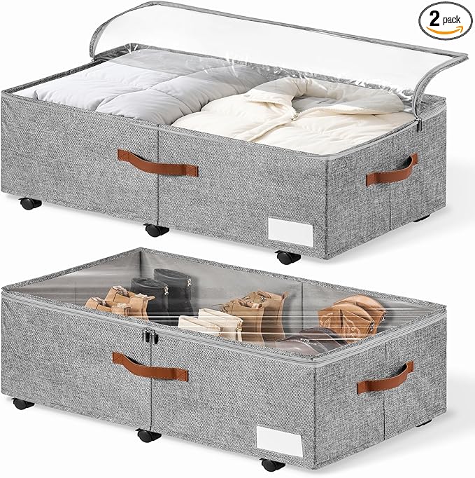 60L Large Under Bed Storage with Wheels Pack of 2, Underbed Shoe Container Bin with Clear Lid Cover, 10.5 Inches Rolling Under Bed Drawer Storage Bag Basket for Boots Quilt Sweater - Grey