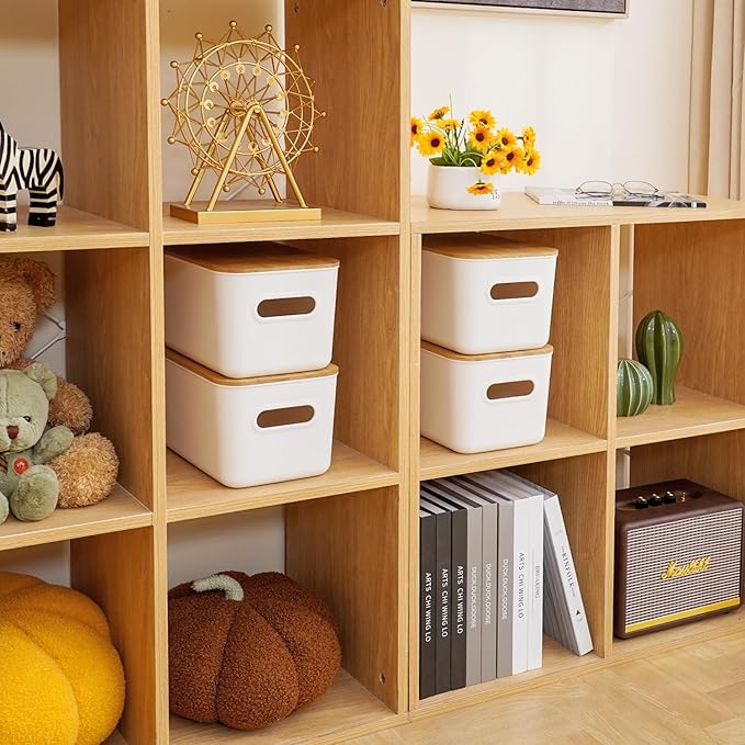 Citylife Storage Bins with Bamboo Lids 7QT Plastic Storage Containers Stackable Organizer Boxes with Handle for Desk Snacks, Toys, 4 PCS, 10" L x 7" W x 5.8" H