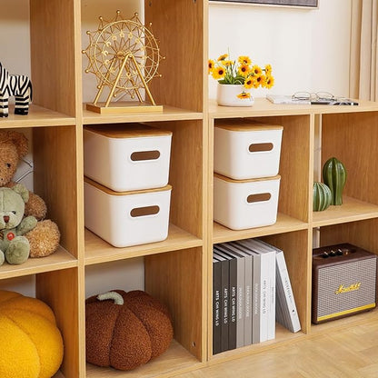 Citylife Storage Bins with Bamboo Lids 7QT Plastic Storage Containers Stackable Organizer Boxes with Handle for Desk Snacks, Toys, 4 PCS, 10" L x 7" W x 5.8" H