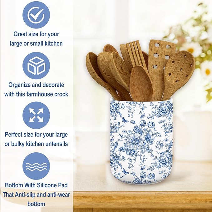 JarThenaAMCS Patriotic Ceramic Utensil Holder 4th of July Blue Chinoiserie Floral Flower Butterfly Utensil Crock for 250th Anniversary Home Kitchen Countertop Storage Organizer Container