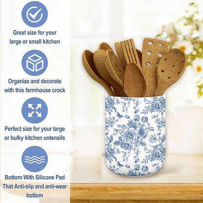 JarThenaAMCS Patriotic Ceramic Utensil Holder 4th of July Blue Chinoiserie Floral Flower Butterfly Utensil Crock for 250th Anniversary Home Kitchen Countertop Storage Organizer Container