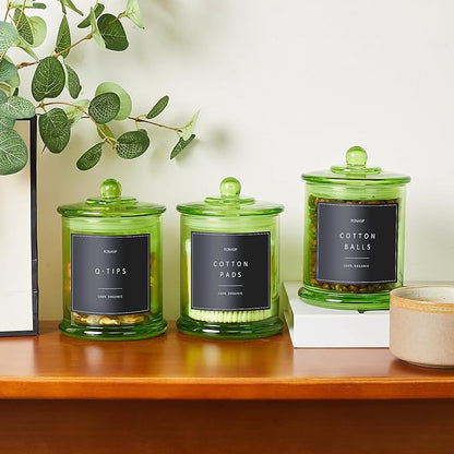 Ronasip 3 Pack Green Qtip Holder Dispenser, 16oz Bathroom Organizer and Storage Canisters, Glass Apothecary Jars with Lid - Home Decor, Room Decor Aesthetic
