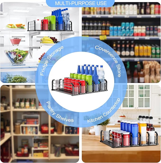 Automatic Drink Organizer for Fridge, Refrigerator Soda Can Dispenser & Beverage Pusher Glide for Pantry, Cooler & Kitchen, Self-Pushing Drink Holder for Soda, Beer, Seltzer - Black, 5 Rows-15"D