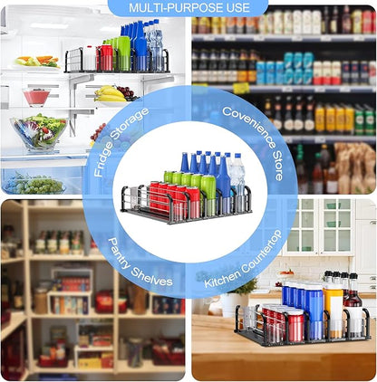 Automatic Drink Organizer for Fridge, Refrigerator Soda Can Dispenser & Beverage Pusher Glide for Pantry, Cooler & Kitchen, Self-Pushing Drink Holder for Soda, Beer, Seltzer - Black, 5 Rows-15"D