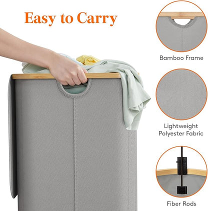 Lifewit 150L Laundry Basket with Lid, Clothes Hampers for Laundry with Bamboo Handles and 2 Removable Laundry Bags, Large Foldable Laundry Hamper for Bedroom, Bathroom, Dorm, Laundry Room, Sliver Gray