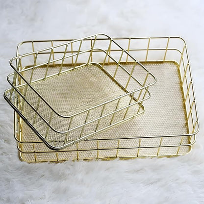 Gold Wire Baskets, 9.6 x 6.5in Metal Storage Basket Desktop Bathroom Sink Counter Toilet Storage Toilet Tank Topper Organizer Tray for Pantry Kitchen