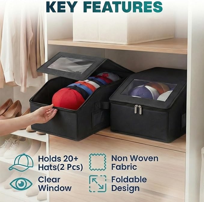 2-Pack Black Hat Organizer Boxes – Holds Up to 24 Caps Stackable Baseball Cap Storage, Breathable Fabric, Clear Window Lid, Foldable & Dustproof Hat Rack for Closet or Shelf