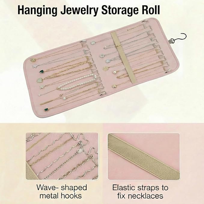Hanging Jewelry Organizer, Dual-Sided Necklace Holder with Multiple Clear Pockets - Wall Mount & Over The Door Closet Storage for Earrings, Rings, Bracelets - 360° Rotating Hanger (1, pink, M)