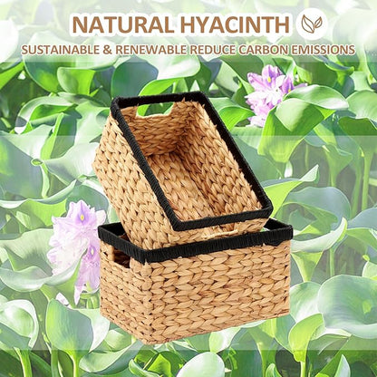 Edergoo Wicker Storage Basket 2 Pack, Water Hyacinth Storage Baskets with Built-in Handles, Large Wicker Baskets for Storage & Organizing, Natural with Black