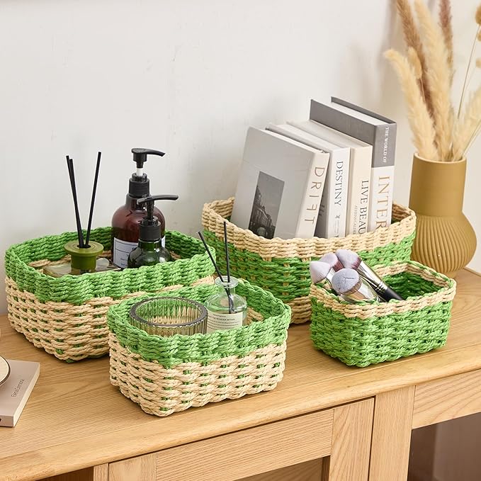 4PCS Woven Storage Baskets Set, Small Baskets for Organizing, Square Handwoven Paper Rope Organizer Bins for Shelves and Home Storage (Natural & Green)