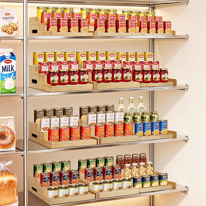 Bamboo Expandable Can Rack Organizer for Pantry, Stackable 3 Tier Canned Food Organizers and Storage, Kitchen Cabinet, Can Holders Dispensers for Pantry Up To 24 Cans