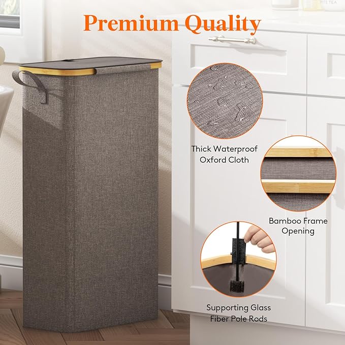 Lifewit 65L Slim Laundry Hamper with Lid, Narrow Laundry Basket with Removable Bag & Bamboo Handles, Fodable Thin Dirty Clothes Hamper for Laundry Collapsible Bin for Bathroom Bedroom Dorm, Brown