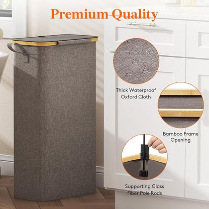 Lifewit 65L Slim Laundry Hamper with Lid, Narrow Laundry Basket with Removable Bag & Bamboo Handles, Fodable Thin Dirty Clothes Hamper for Laundry Collapsible Bin for Bathroom Bedroom Dorm, Brown