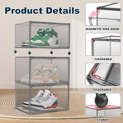 10 Pack Black Shoe Box Clear Shoe Organizer for Closet Acrylic Display Case Transparent Plastic Stackable Shoes Storage Box Handbag Organizer with Magnetic Lid, Size 14