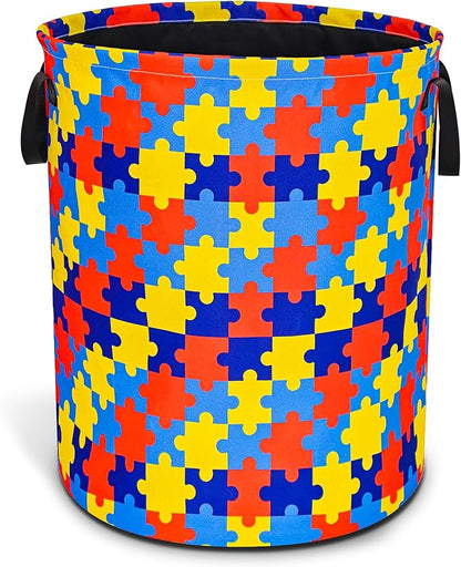 Autism Awareness Laundry Basket Colorful Puzzle Foldable Oxford Cloth Funny Tote Bag Laundry Hamper Clothes Storage Bucket Organizer For Bathroom/Laundry Storage/Bedroom 17.7x13.7 Inch