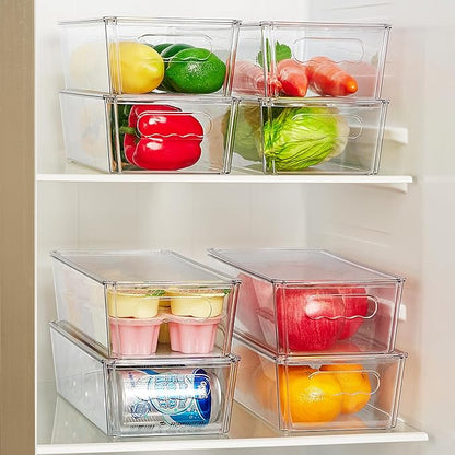 Vtopmart 12pcs Clear Organizers and Storage Bins with Lids, Stackable Plastic Storage Containers with Handles for Fridge, Freezer, Pantry, Cabinet, Kitchen Organization