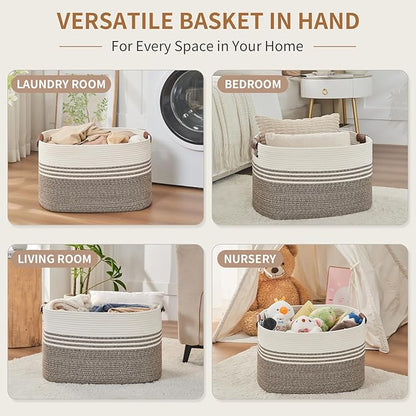 Large Woven Laundry Basket Hamper, 72L Cotton Rope Storage Bin for Blankets, Toys, Clothes, Decorative Nursery Hamper for Living Room, Baby Nursery, Bathroom, Bedroom, Kids Storage, Brown