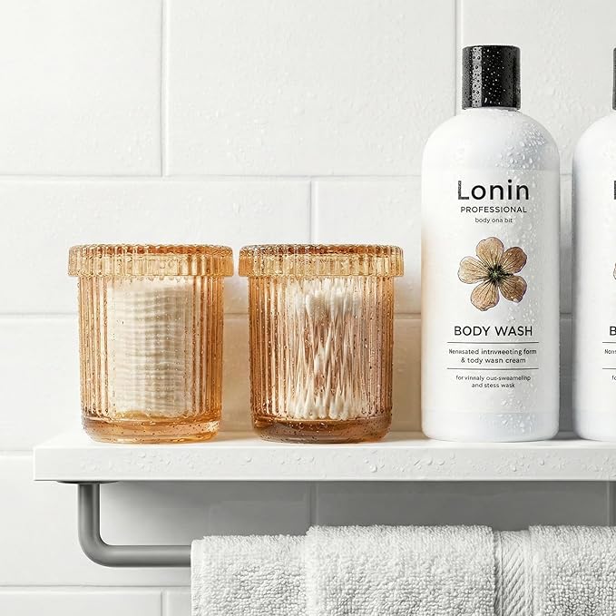 Bathroom Organizers and Storage,2 Pack Glass Qtip Holder Dispenser,Bathroom Essentials Accessories Decor,Vanity Makeup Storage Organizer for Cotton Swabs,Cotton Balls,Pads,Floss Picks (Amber)