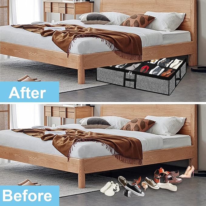 Under Bed Shoe Organizer Storage for Closet 2 Pack- Fits 24 Pairs Underbed Shoes Container Boxes with H Shap Sturdy Handles and Clear Window,Foldable Shoe Rack Holder,Black