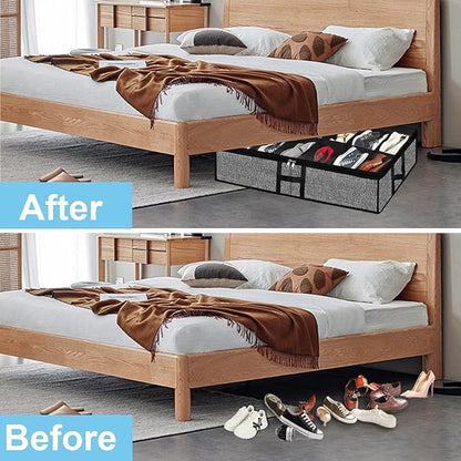 Under Bed Shoe Organizer Storage for Closet 2 Pack- Fits 24 Pairs Underbed Shoes Container Boxes with H Shap Sturdy Handles and Clear Window,Foldable Shoe Rack Holder,Black