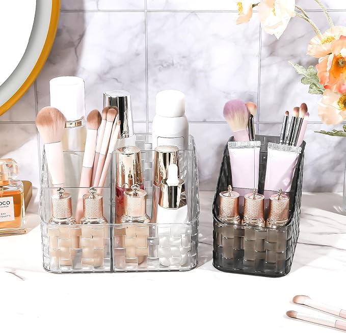 DASITON Makeup Brush Holder Organizer, 4 Slots Acrylic Makeup Brushes Storage Cup, Woven Texture Make Up Brush Holder for Vanity Bathroom Office, Pen Holder for Desk, Cosmetic Display Cases (Clear L)