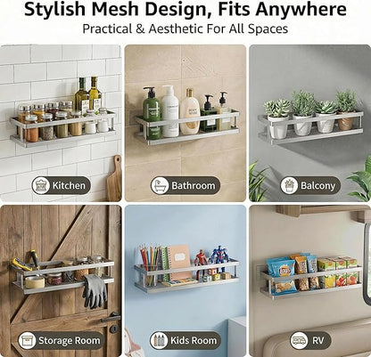 PUSDON 5-in-1 16.5" Extra Long Kitchen Organizer & Shower Caddy Set, Wall Mount Spice Rack with Paper Towel Holder, Utensil Holder & Soap Dish, Rustproof Mesh - Silver Gray, Guardrail